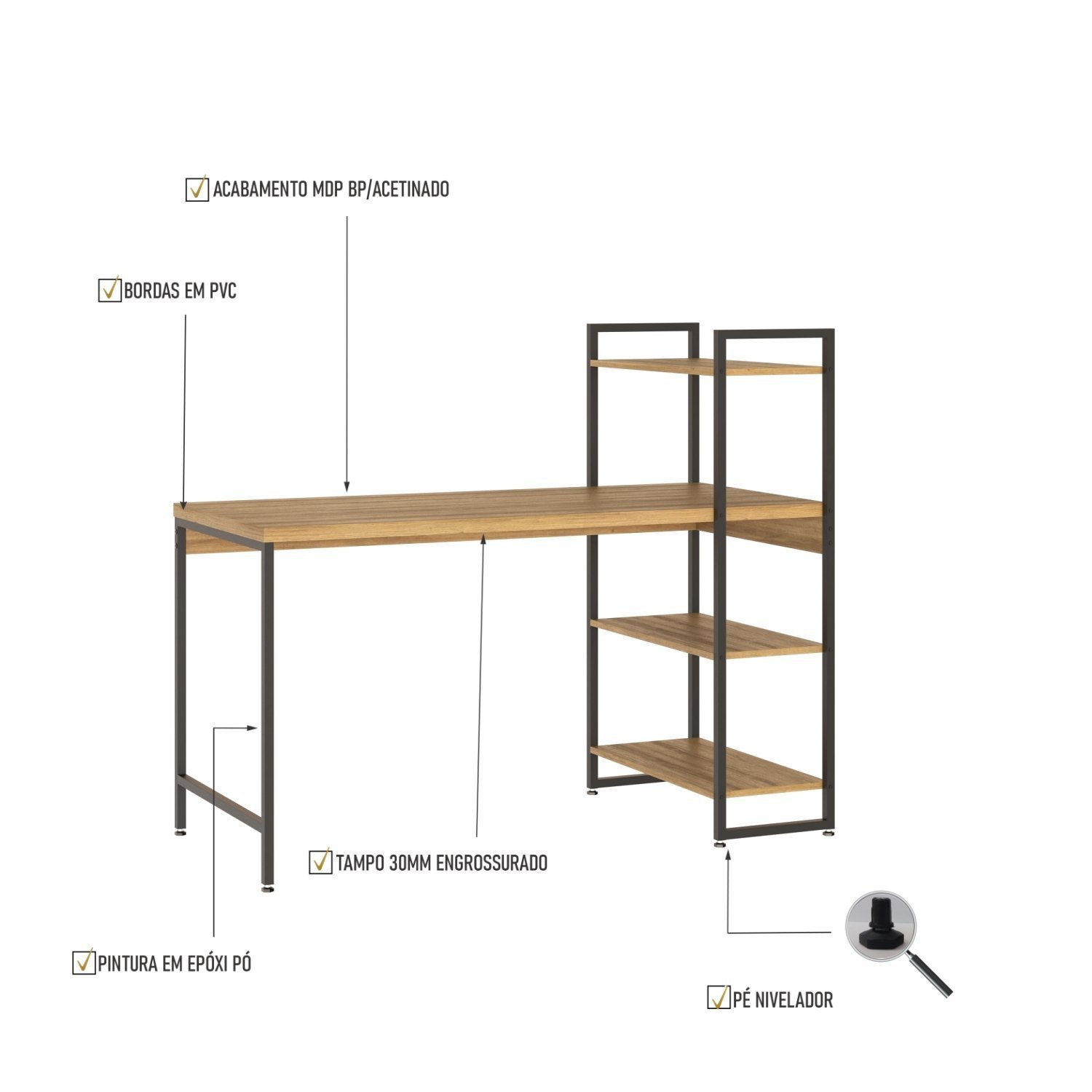 Escrivaninha com Estante 3 Prateleiras Estilo Industrial 135cm Active Yescasa - 6