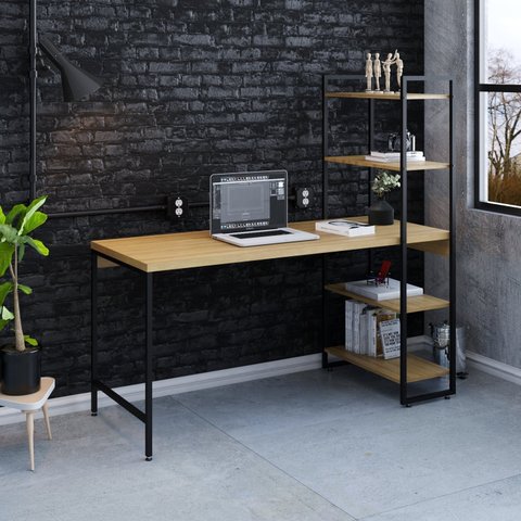 Escrivaninha Mesa Escritório com Estante Estilo Active 4 Prateleiras 150cm Industrial Yescasa Lâmina Mel