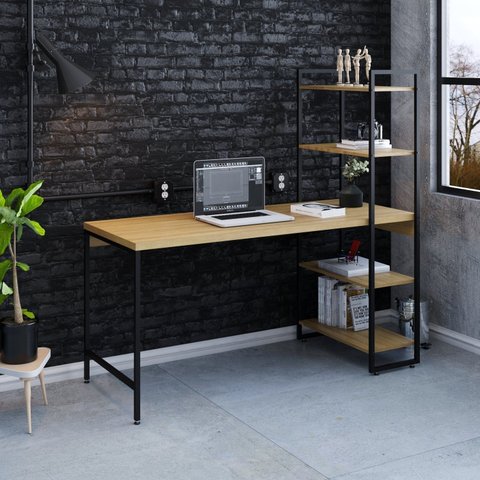 Escrivaninha Mesa Escritório com Estante Estilo Active 4 Prateleiras 150cm Industrial Yescasa Lâmina Mel Marrom