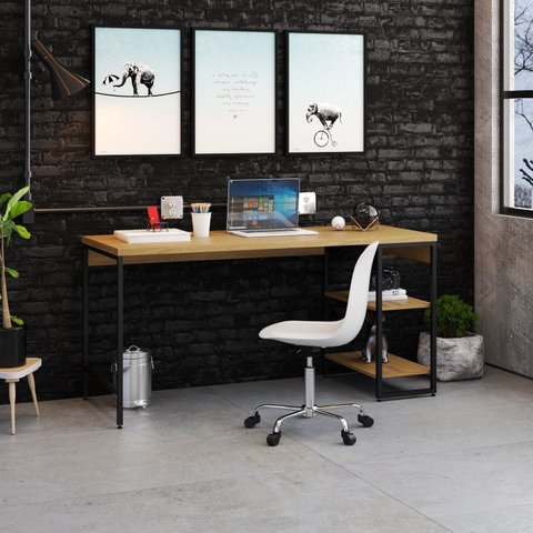 Escrivaninha Mesa Escritório com Estante Baixa Estilo Active 2 Prateleiras 150cm Industrial Yescasa Lâmina Mel Marrom