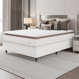 Cama Box Colchão Casal Molas Ensacadas City Pillow Top 138x188x61cm Linho Branco / Bege Hellen - 1