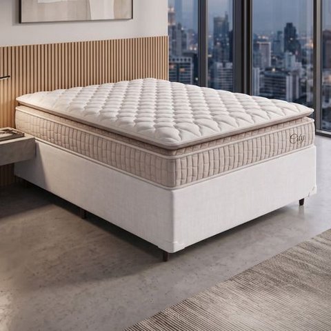 Cama Box Colchão Casal Molas Ensacadas City Pillow Top 138x188x61cm Branco / Bege Hellen