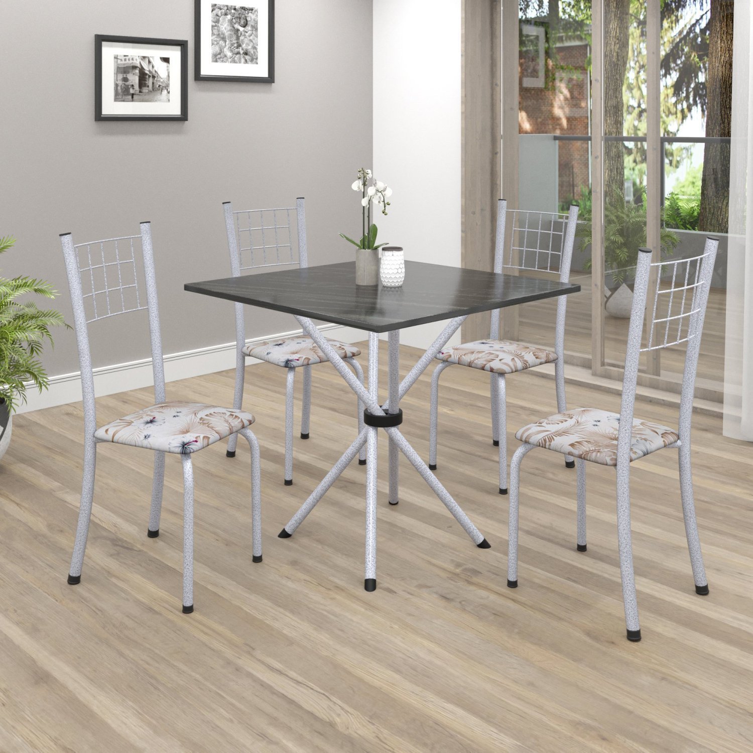 Conjunto de Mesa Tubular 70x70cm Tampo em Ardósia com 4 Cadeiras Dany  - 1