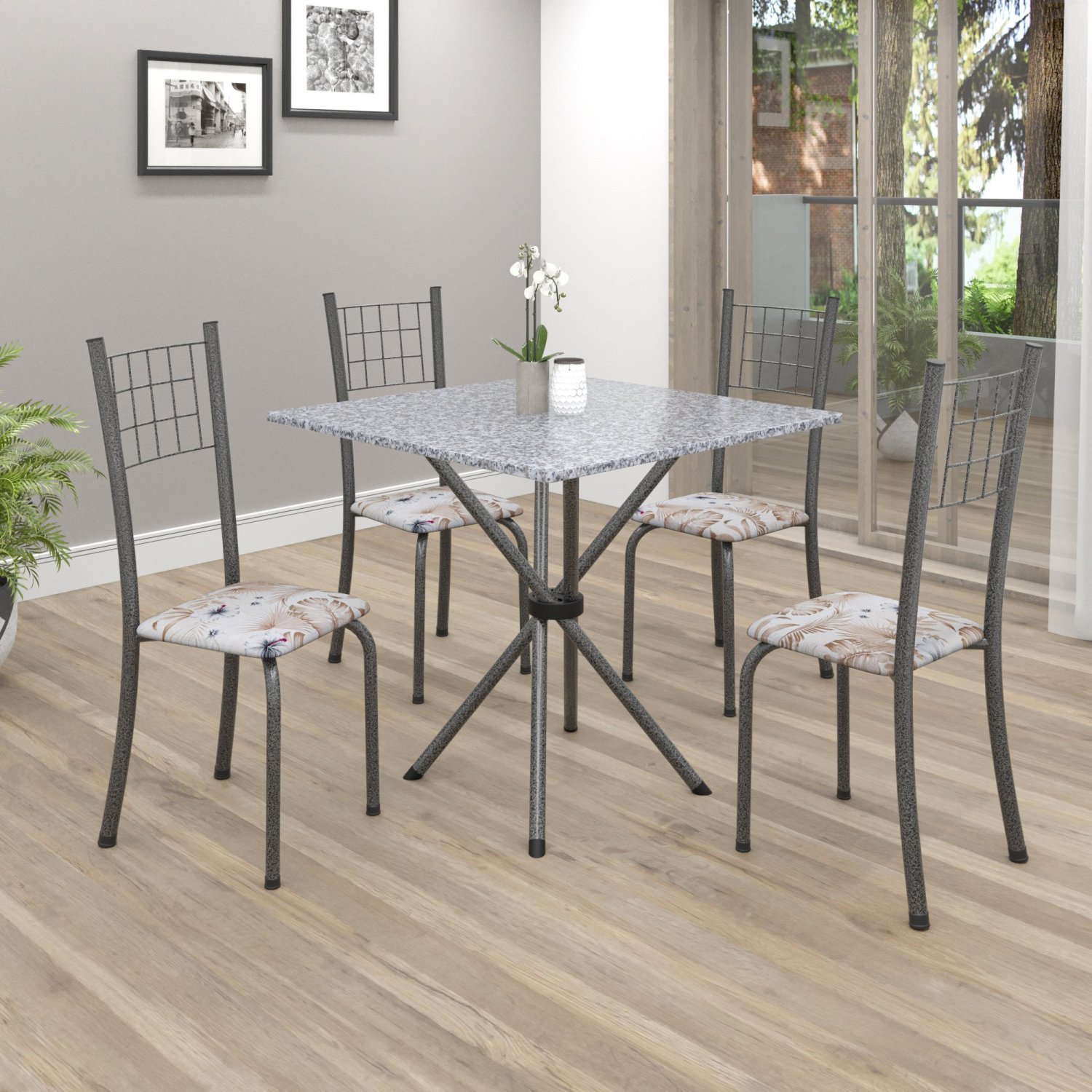 Conjunto de Mesa Tubular 70x70cm Tampo em Granito com 4 Cadeiras Dany  - 1