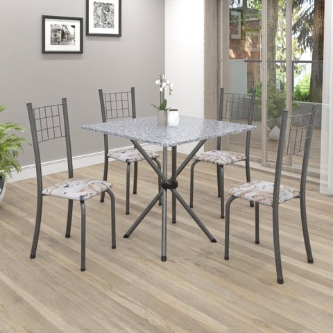 Conjunto de Mesa Tubular 70x70cm Tampo em Granito com 4 Cadeiras Dany Cinza/Botanic Bege/Martelado Prata/Ocre