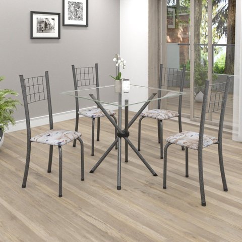 Conjunto de Mesa Tubular 70x70cm Tampo em Vidro com 4 Cadeiras Dany Cinza/Botanic Bege/Martelado Prata/Incolor