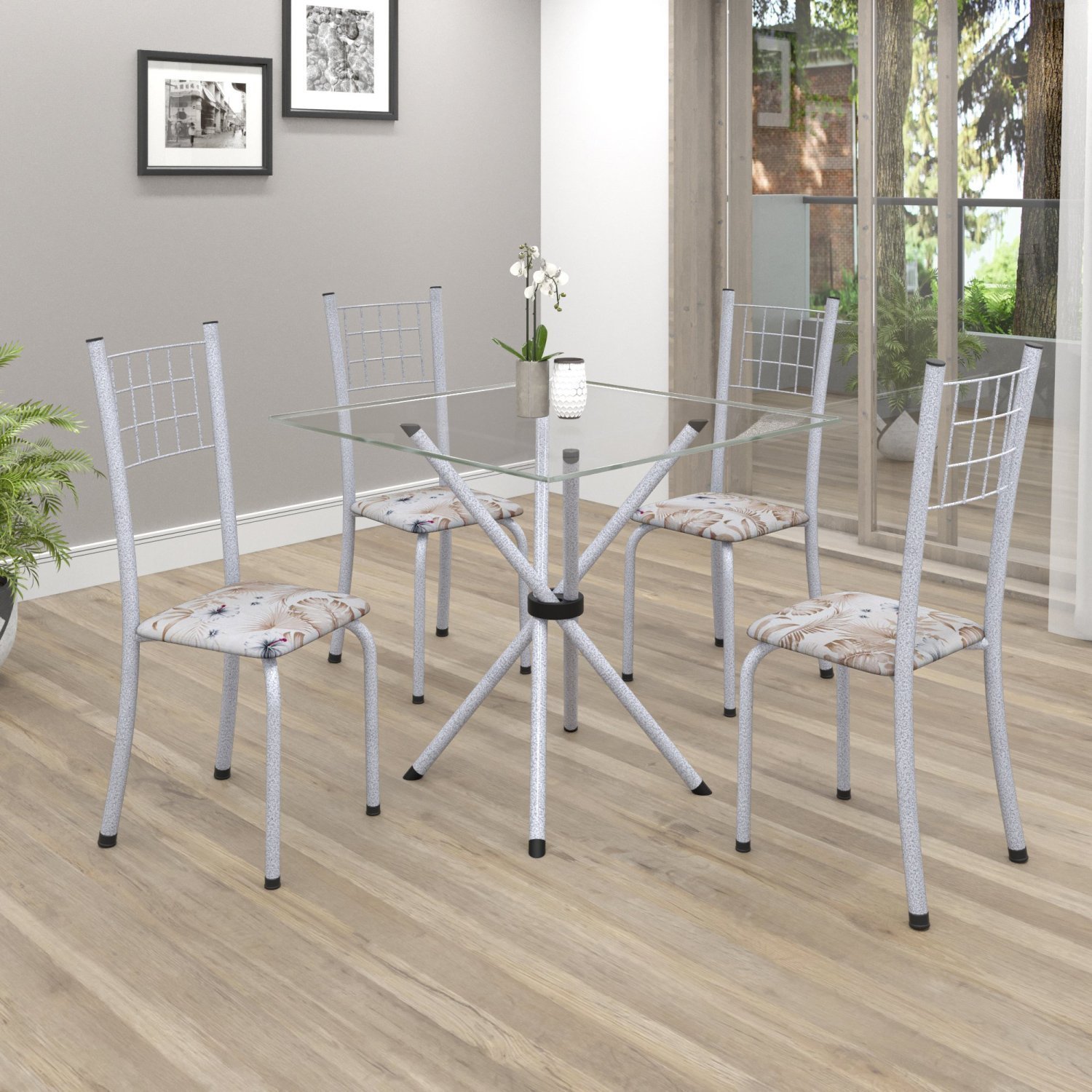 Conjunto de Mesa Tubular 70x70cm Tampo em Vidro com 4 Cadeiras Dany  - 1