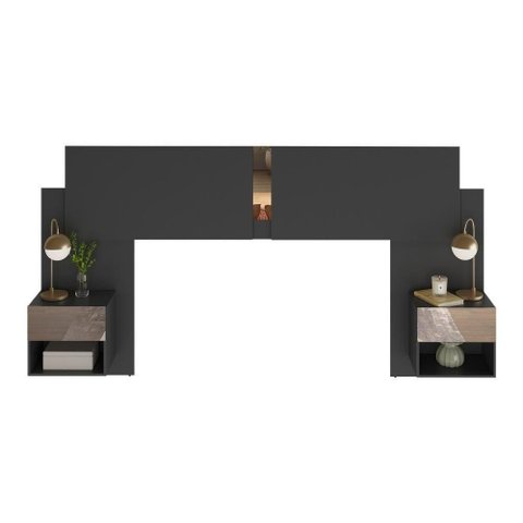 Cabeceira Casal/queen com Espelhos e 2 Mesas de Cabeceira 232cm Multimóveis Mp4324 Preto Preto