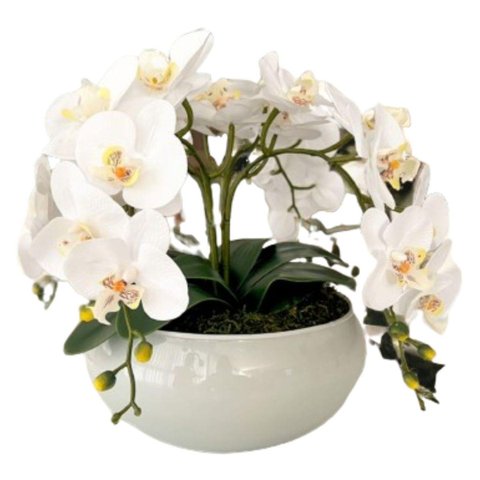 Arranjo de Mesa com 4 Flores Orquídeas Brancas Vaso Grande