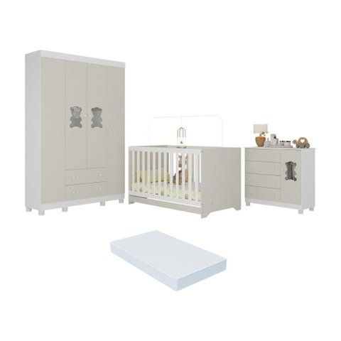 Quarto de Bebê Completo Berço Americano 3 em 1 Colchão Fofura Multimóveis Mp4661 Branco/off