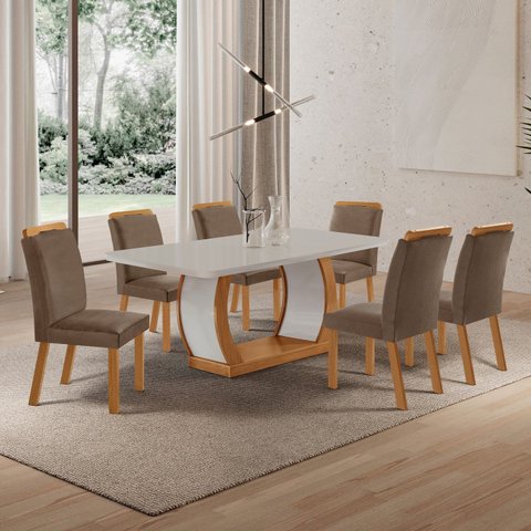 Conjunto de Mesa de Jantar Kate 180 Tp MDF Canto Copo 6 Cadeiras Mariana