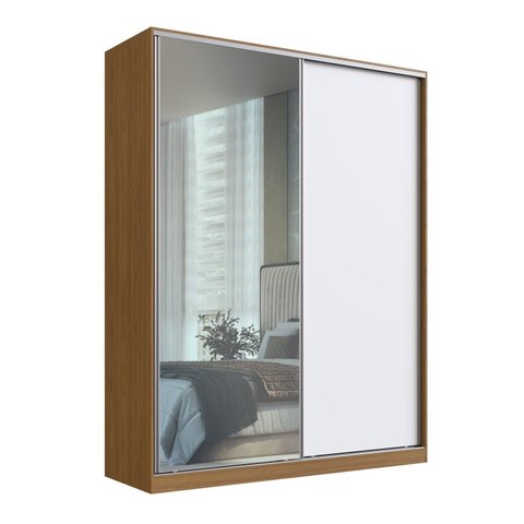 Guarda-Roupa 2 Portas de Correr 1 Espelho 3 Gavetas MDF Zira 183cm Marrom Branco/Freijó Natura