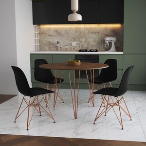 Mesa De Jantar Redonda 90Cm Amêndoa Clips 3 Pés Com 4 Cadeiras Pretas Base Cobre Cor: Amendoa