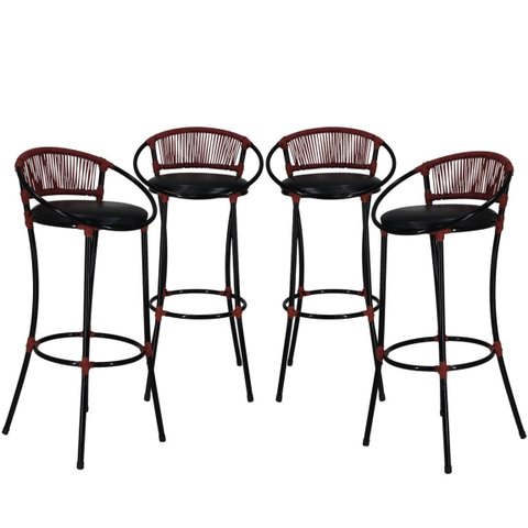 4 Banquetas Havaí em Fio de Fibra Artesanal para Bar, Bancada, Balcão - Vermelho/Preto