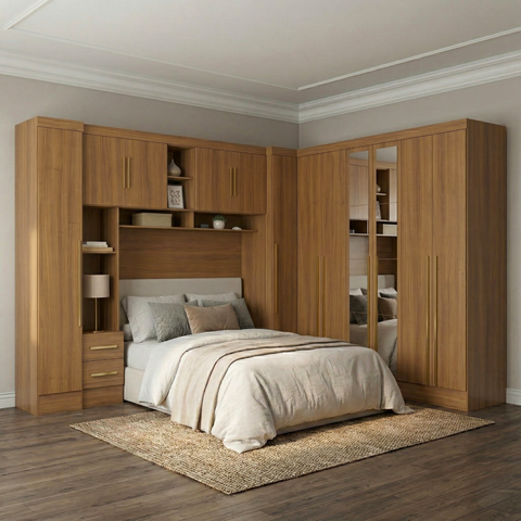 Guarda Roupa Casal Modulado 4 Peças 12 Portas 5 Gavetas com Espelho e Cabeceira 100% MDF Smart Cinamomo Marrom