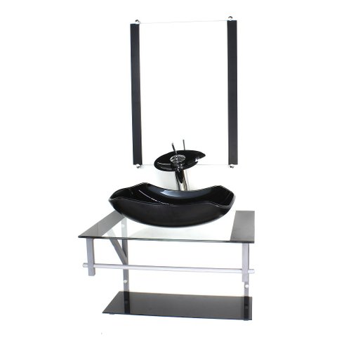 GABINETE DE VIDRO PARA BANHEIRO 60CM AC CUBA ABAULADA PRETO COM TORNEIRA CASCATA