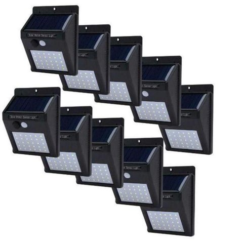 Kit 10 Arandela Externa de Parede Luminária Luz 30 LED com Sensor de Movimento 6W Preto Aquilae