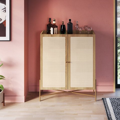 Cristaleira 2 Portas 93cm Palhinha Pé Metal Dourado Oslo Marrom/Hanover