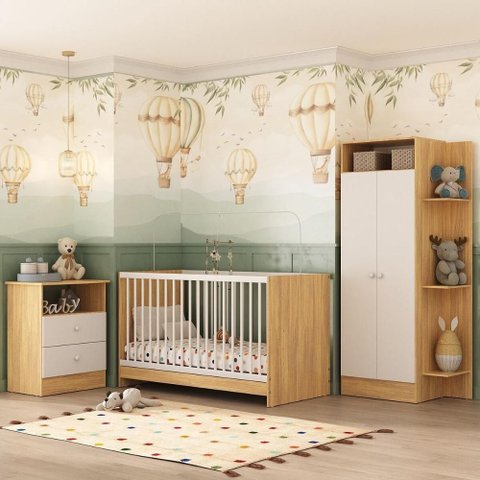 Jogo de Quarto Infantil Trevalla Móveis Pom Pom 3 Peças - Madeirado/Branco