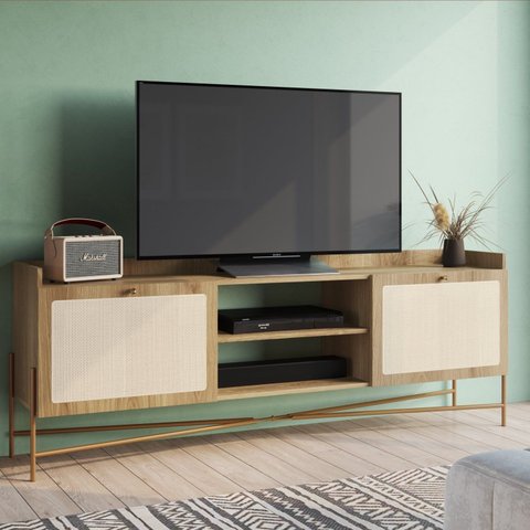 Rack para TV até 65 Polegadas 183cm Pés em Madeira Maciça 2 Portas Palhinha Metal Dourado Oslo Marro