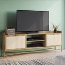 Ver imagem 1 de Rack para TV até 65 Polegadas 183cm Pés em Madeira Maciça 2 Portas Palhinha Metal Dourado Oslo Marro