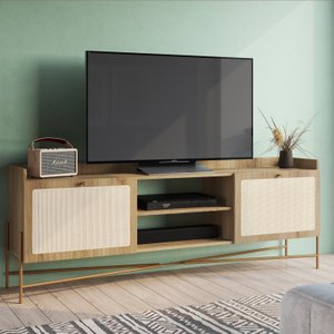 Rack para TV 65 Polegadas 2 Portas 183cm Palhinha Pé Metal Dourado Oslo