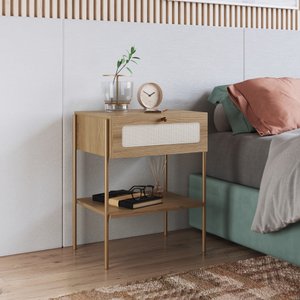 Mesa de Cabeceira 1 Gaveta Palhinha Pé Metal Dourado Oslo 