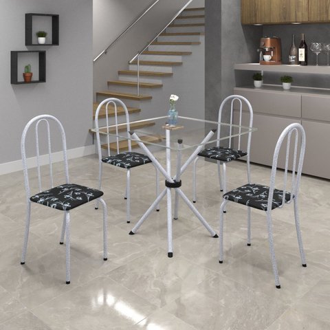 Conjunto de Mesa Tubular 70x70cm Tampo de Vidro com 4 Cadeiras Ane B Branco/Preto Floral/Martelado Pérola/Incolor