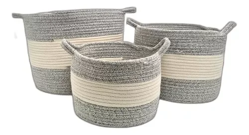 Jogo 3 Cestos Algodão Cinza Branco Multiuso Organizador - 3