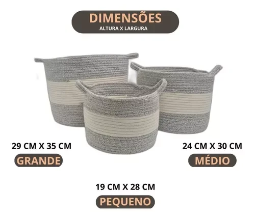 Jogo 3 Cestos Algodão Cinza Branco Multiuso Organizador - 9