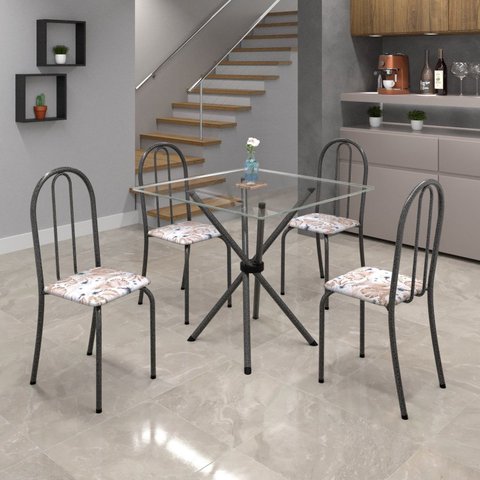 Conjunto de Mesa Tubular 70x70cm Tampo de Vidro com 4 Cadeiras Ane B Prata/Botanic Bege/Mart/Incolor