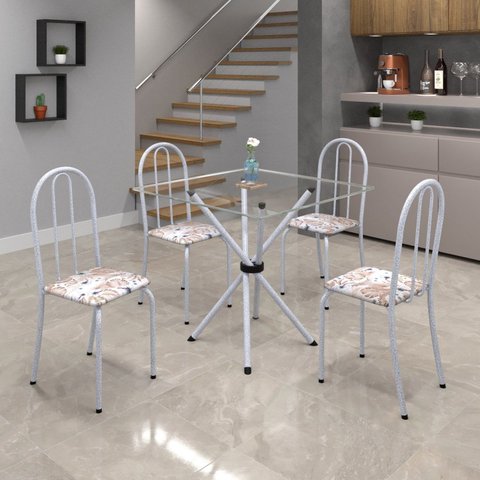 Conjunto de Mesa Tubular 70x70cm Tampo de Vidro com 4 Cadeiras Ane B Branco/Botanic Bege/Mart Pérola/Incolor