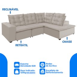 Sofá de Canto Montreal Retrátil, Reclinável, 4 Lugares 2,70x2,10 Metros, Chaise Fixo, Pillow Top, Be - 3