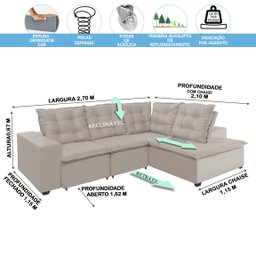Sofá de Canto Montreal Retrátil, Reclinável, 4 Lugares 2,70x2,10 Metros, Chaise Fixo, Pillow Top, Be - 4