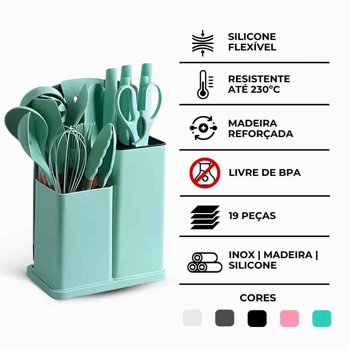 Kit Utensílios de Cozinha Jogo Completo 19 Peças Faqueiro Jogo Silicone Cor:verde - 9