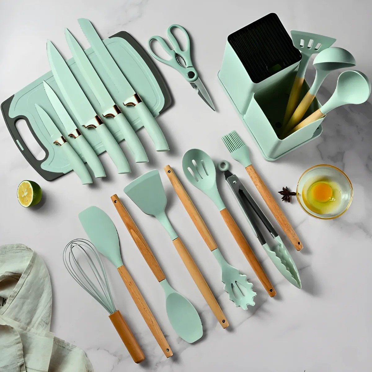 Kit Utensílios de Cozinha Jogo Completo 19 Peças Faqueiro Jogo Silicone Cor:verde - 3