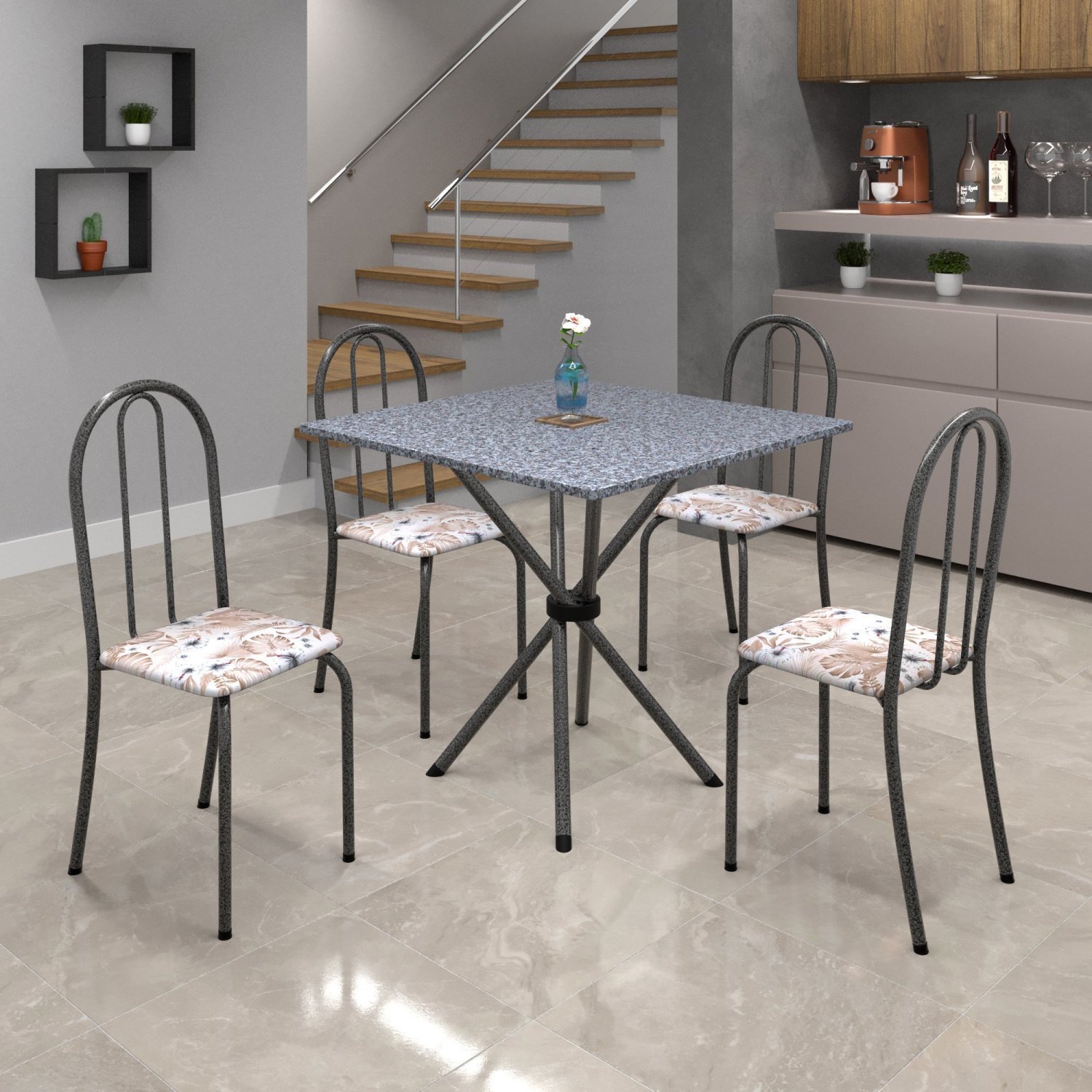 Conjunto de Mesa Tubular 70x70cm Tampo em Granito com 4 Cadeiras Ane B  - 1