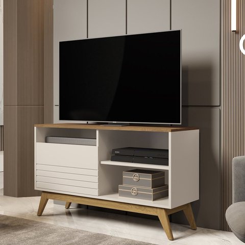 Rack para TV até 42 Polegadas 108cm Pés em Madeira Maciça Fênix Wood Bege Off White/Freijó