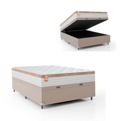 Cama Box Baú Casal Colchão 138x188x68cm Branco/Bege