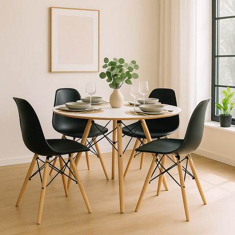 Sala de Jantar Conjunto Mesa Eames Branca 90 Cm com 4 Cadeiras Pretas Dsw