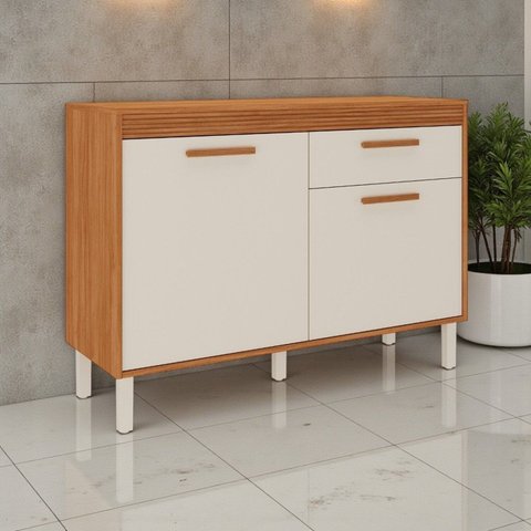 Balcão Cozinha 2 Portas 1 Gavetas 120cm com Tampo Bege/Cinamomo/Off