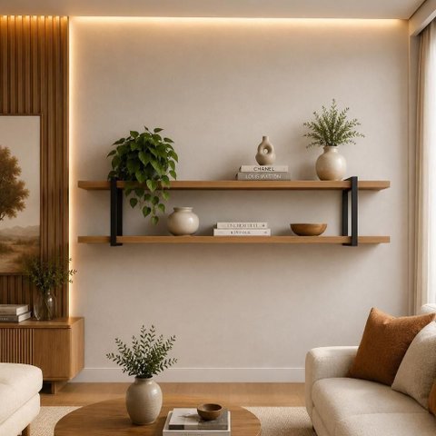 Prateleira Suspensa Multiuso Smart 260cm MDF Suporte Metal Multifuncional Louro com Preto Casa Lar