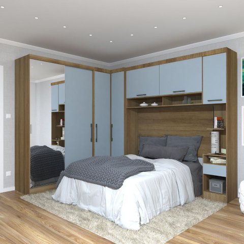 Quarto Modulado Casal de Canto com Espelho 6 Peças 7 Portas Paris Luciane