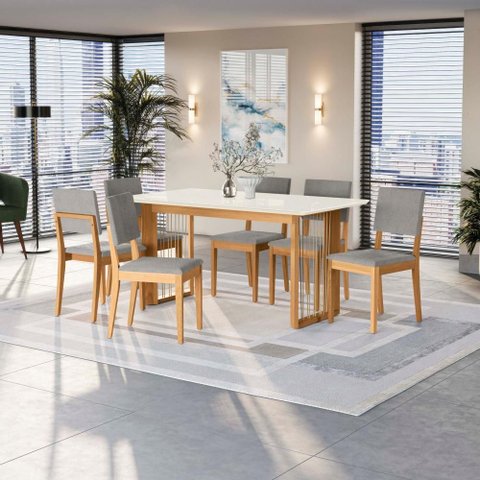 Conjunto Sala de Jantar Dora em Madeira Maciça 6 Cadeiras Boucle Cinza