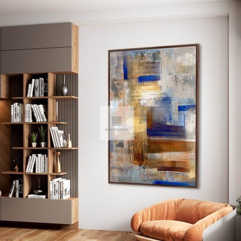 Quadro Abstrato Moderno Azul Royal e Tons Terrosos em Canvas