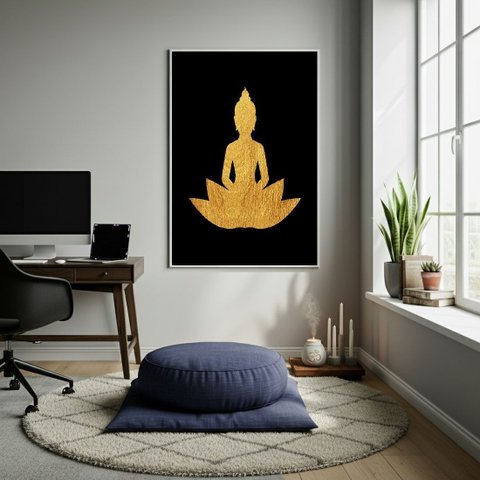 Quadro Decorativo Buda Dourado 70x50cm Mold Branca