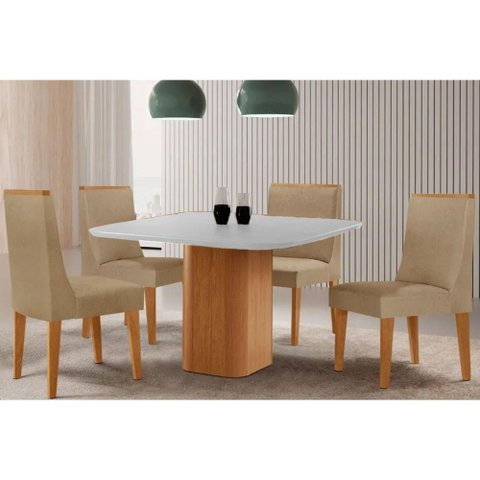 Conjunto: Mesa de Cozinha Maldivas Tampo c/ Vidro Curvo 90cm+4 Cadeiras Dakota Madeira Naturale/Off
