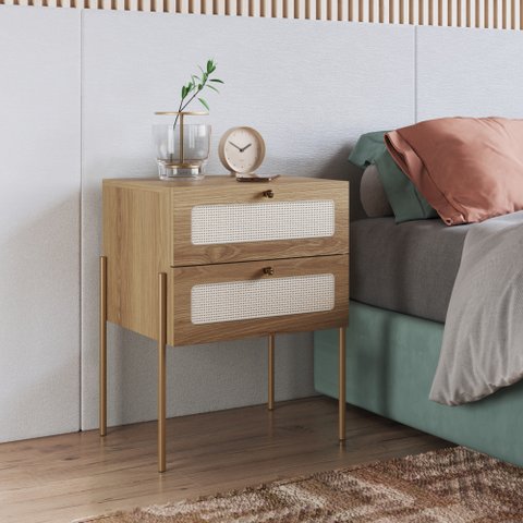 Mesa de Cabeceira 2 Gavetas Palhinha Pé Metal Dourado Oslo 