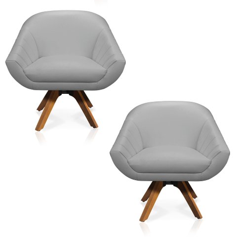 Kit 2 Poltronas Giratória Giovana Corino Cinza Base Madeira Mm30 - D'Rossi