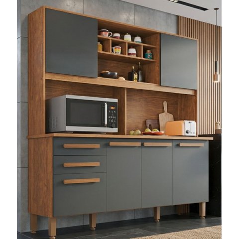 Cozinha Compacta Donna Plus 6 Portas e 2 Gavetas MDP Yescasa Cinza/Mel/Grafite